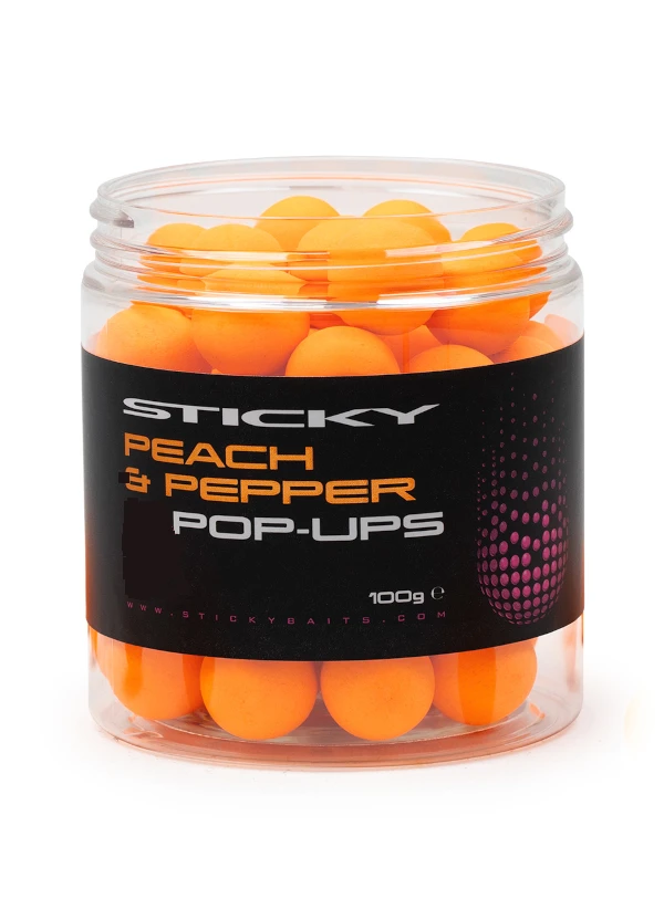 Sticky Baits Peach & Pepper Pop-Ups 12mm 100gr Pot 3 Sticky Baits Peach & Pepper Pop-Ups 12mm 100gr Pot